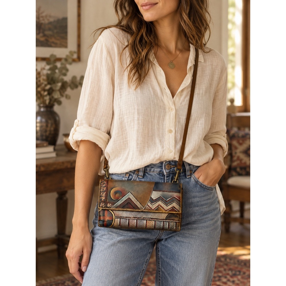 Anuschka Hand Painted Leather Crossbody Wallet Bag Geometric Mountain Multi